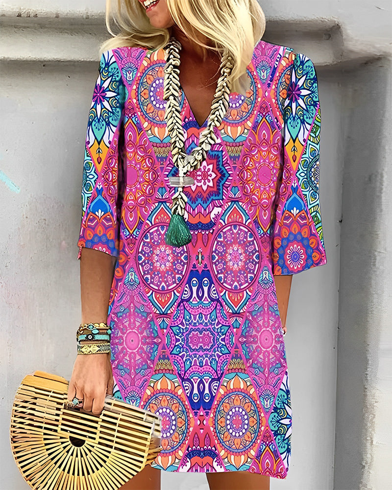 Geometric Print 3/4 Sleeve Dress