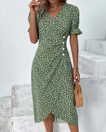 Floral print button short sleeve dress