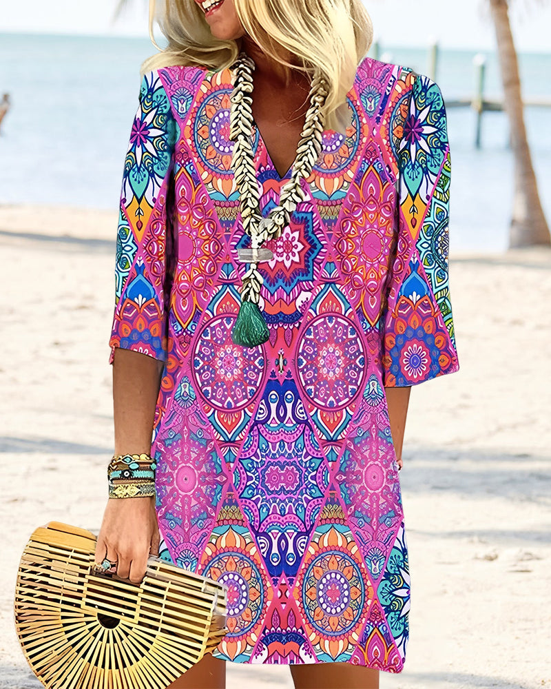 Geometric Print 3/4 Sleeve Dress