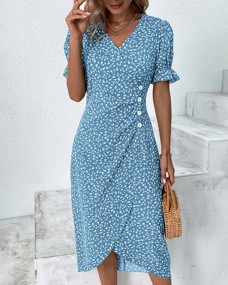 Floral print button short sleeve dress