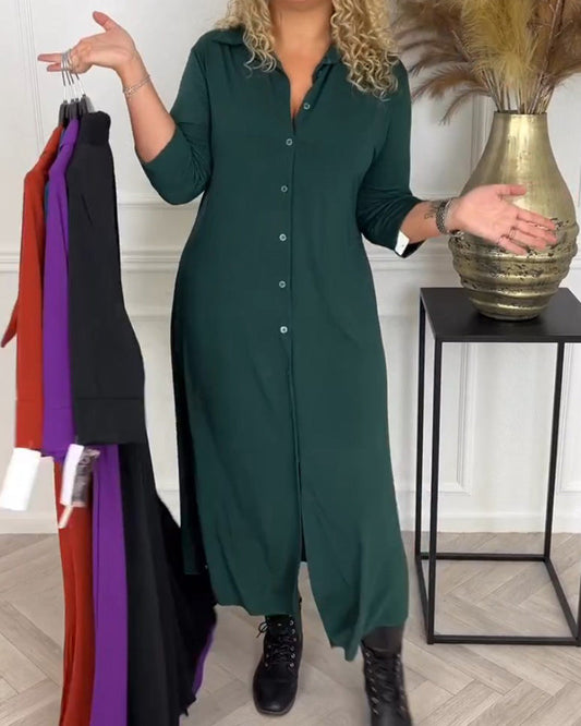 Buttoned solid color shirt dress