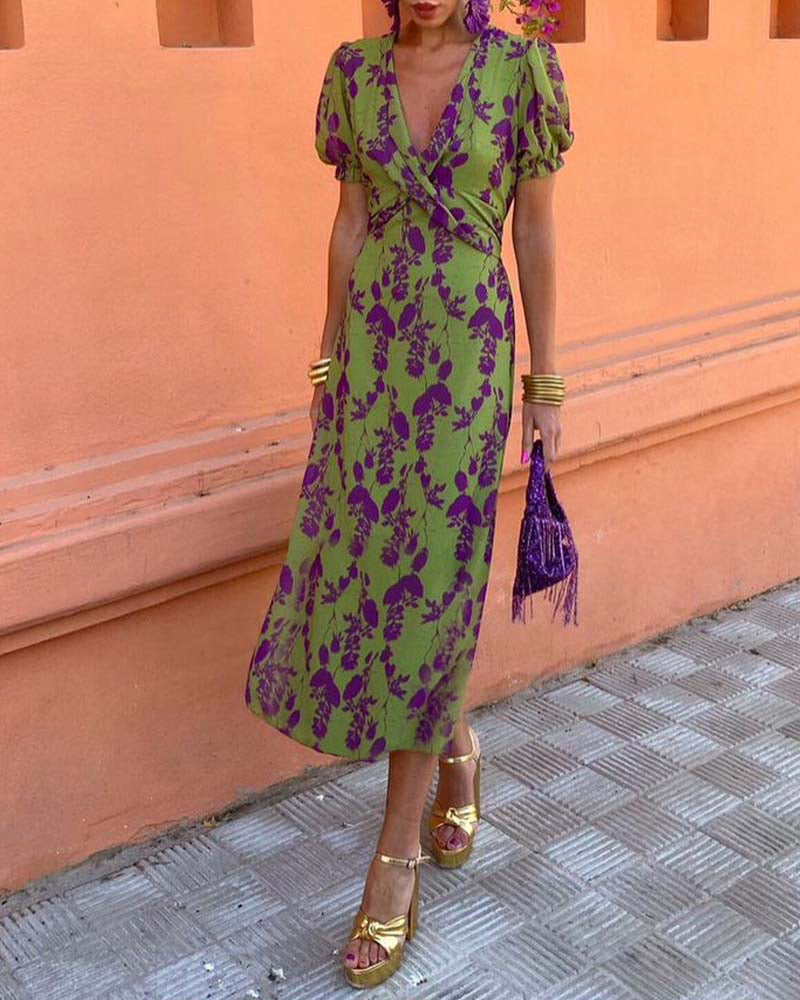 Elegant leaf print deep V puff sleeve A-line dress