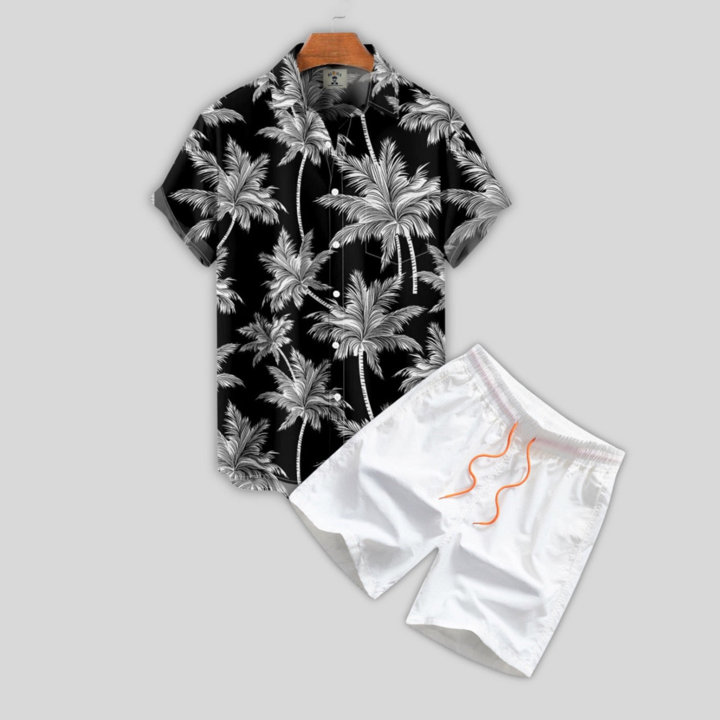 Shirt with Button Placket and Swim Shorts with Palm Print