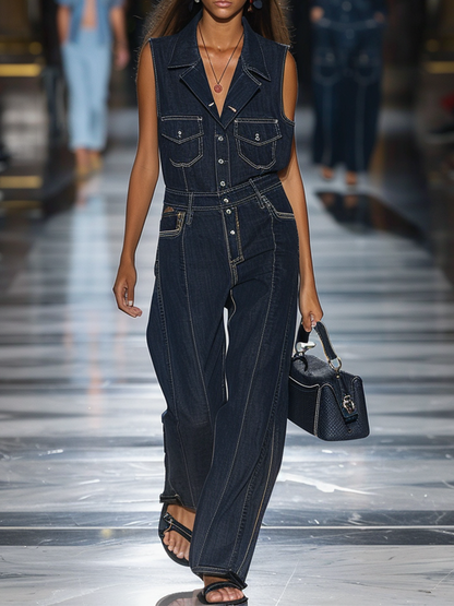 Black Denim Multi Pockets V-Neck Jumpsuits