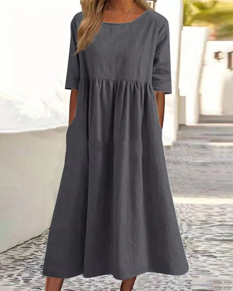 Cotton linen solid color dress