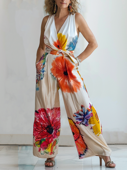 Silk Tie-Dye Floral Wide-Leg Jumpsuit