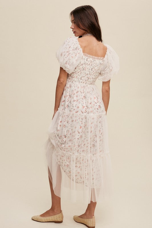 PAISLEY MESH PUFF SLEEVE MAXI DRESS