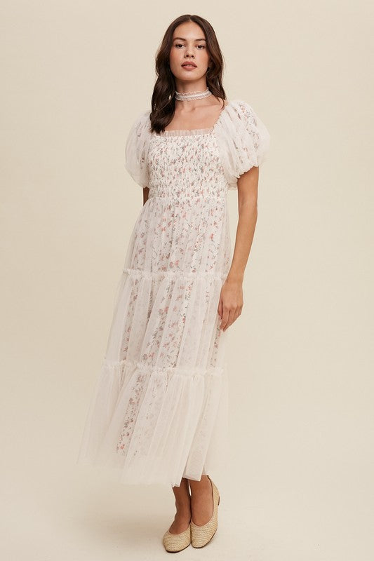 PAISLEY MESH PUFF SLEEVE MAXI DRESS