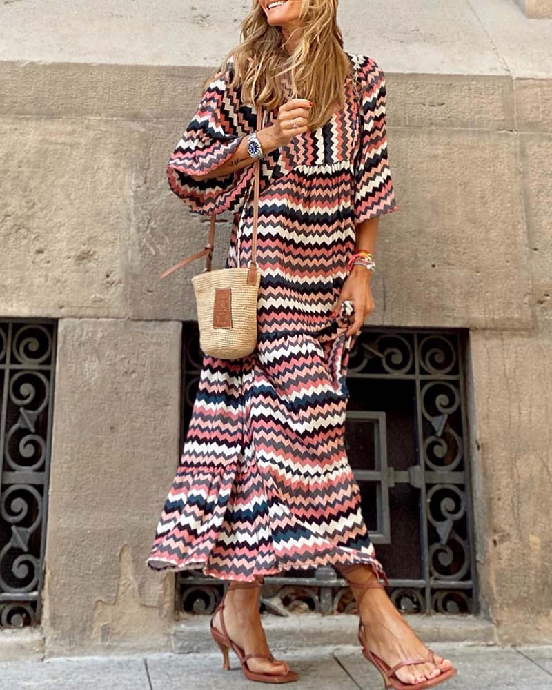 Geometric print puff sleeve dress