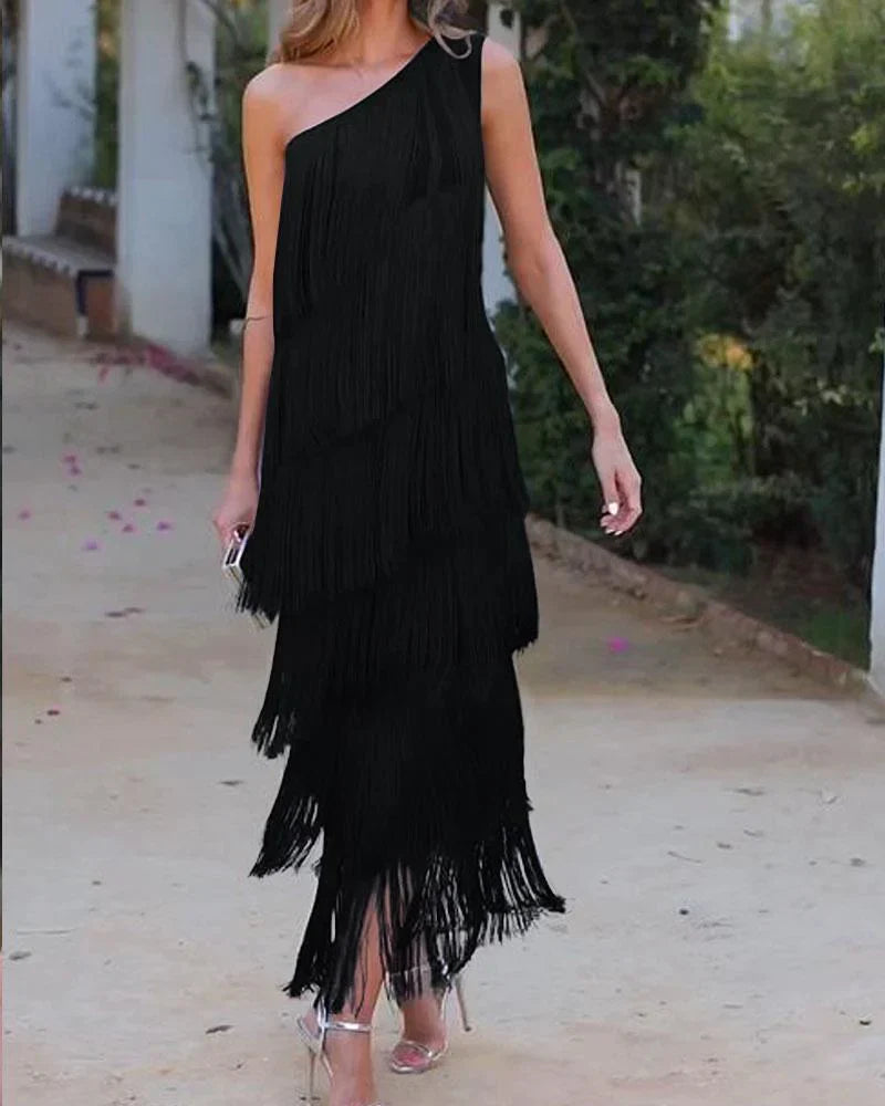 SARI - OFF SHOULDER ELEGANT FRINGE DRESS