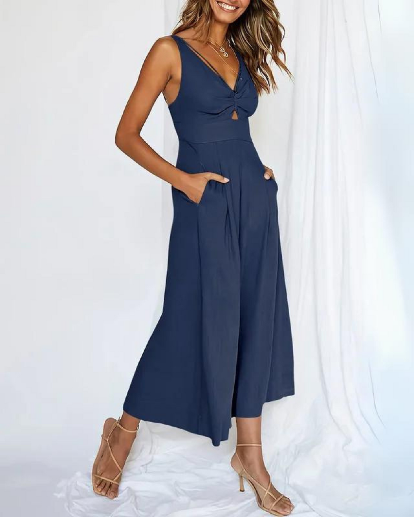 PILI - V-neck cutout high waist jumpsuits