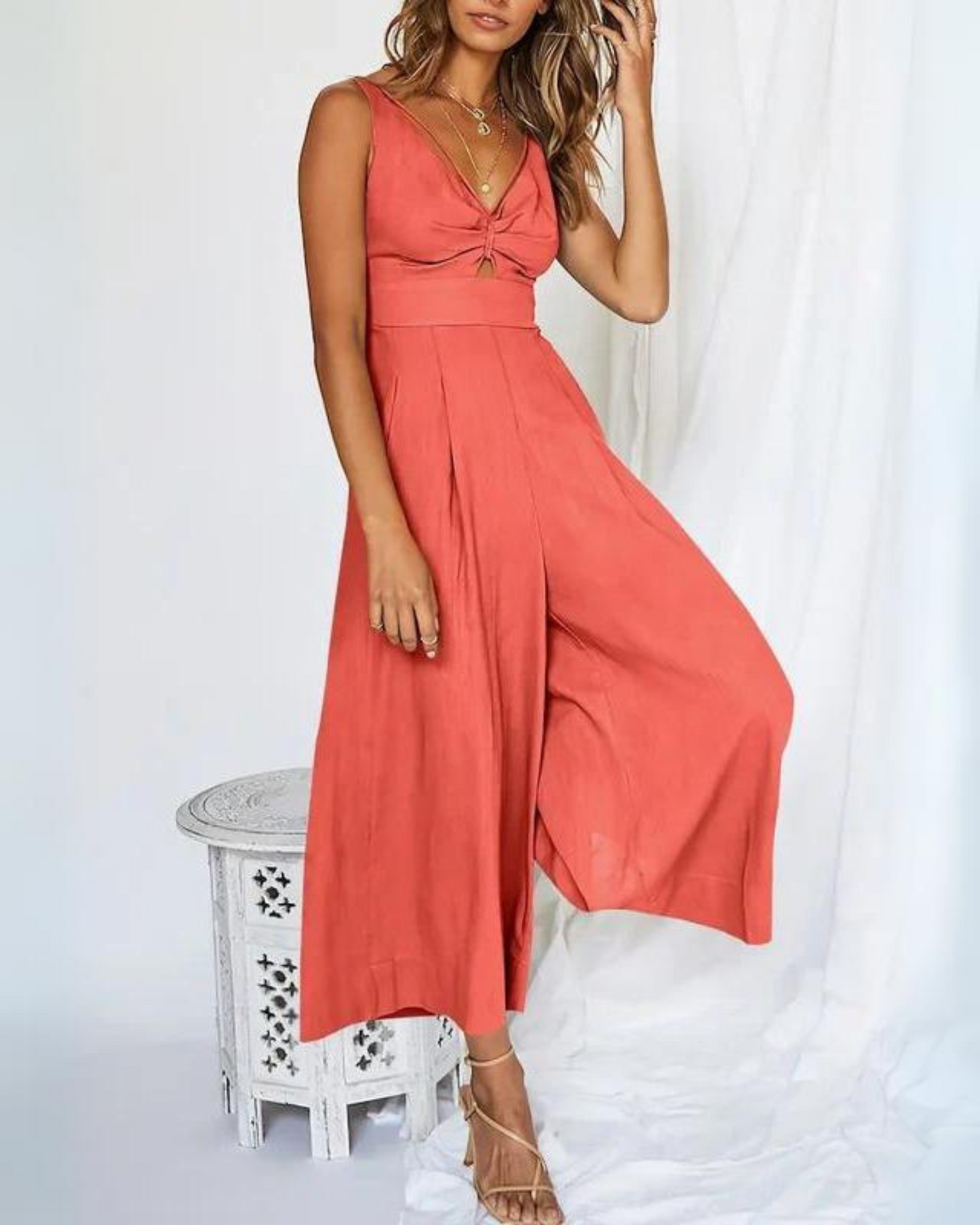 PILI - V-neck cutout high waist jumpsuits