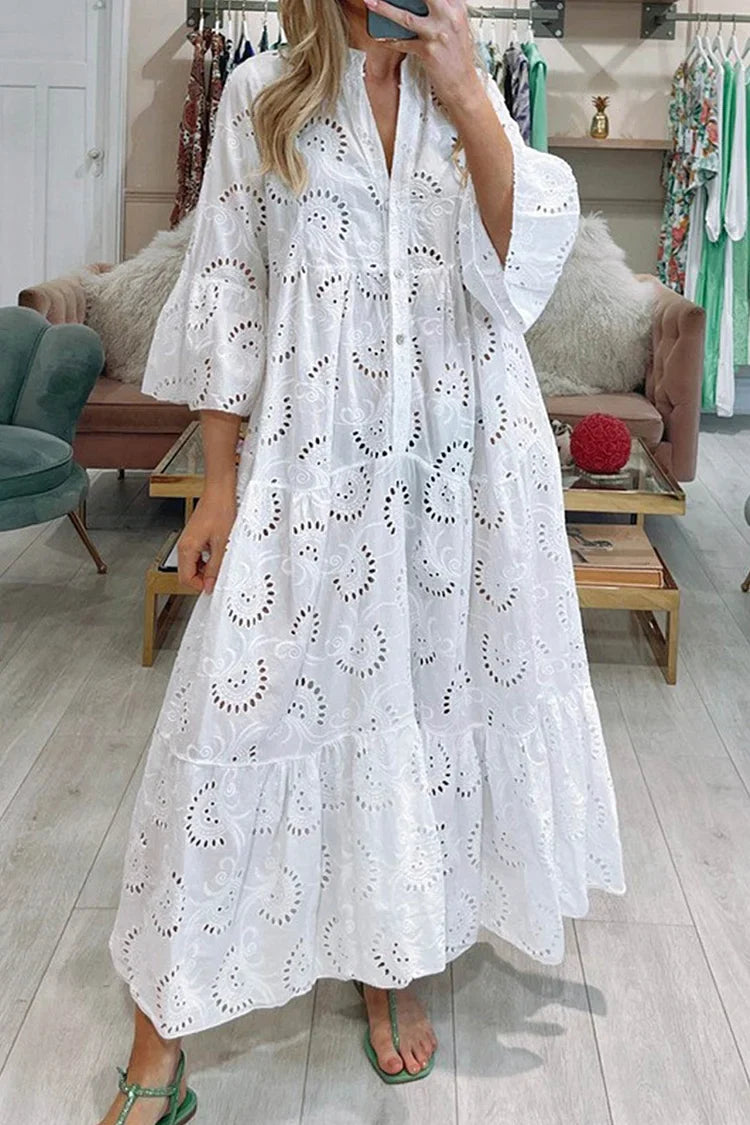 EMMA | V-NECK FLARE SLEEVE EMBROIDERED COTTON DRESS