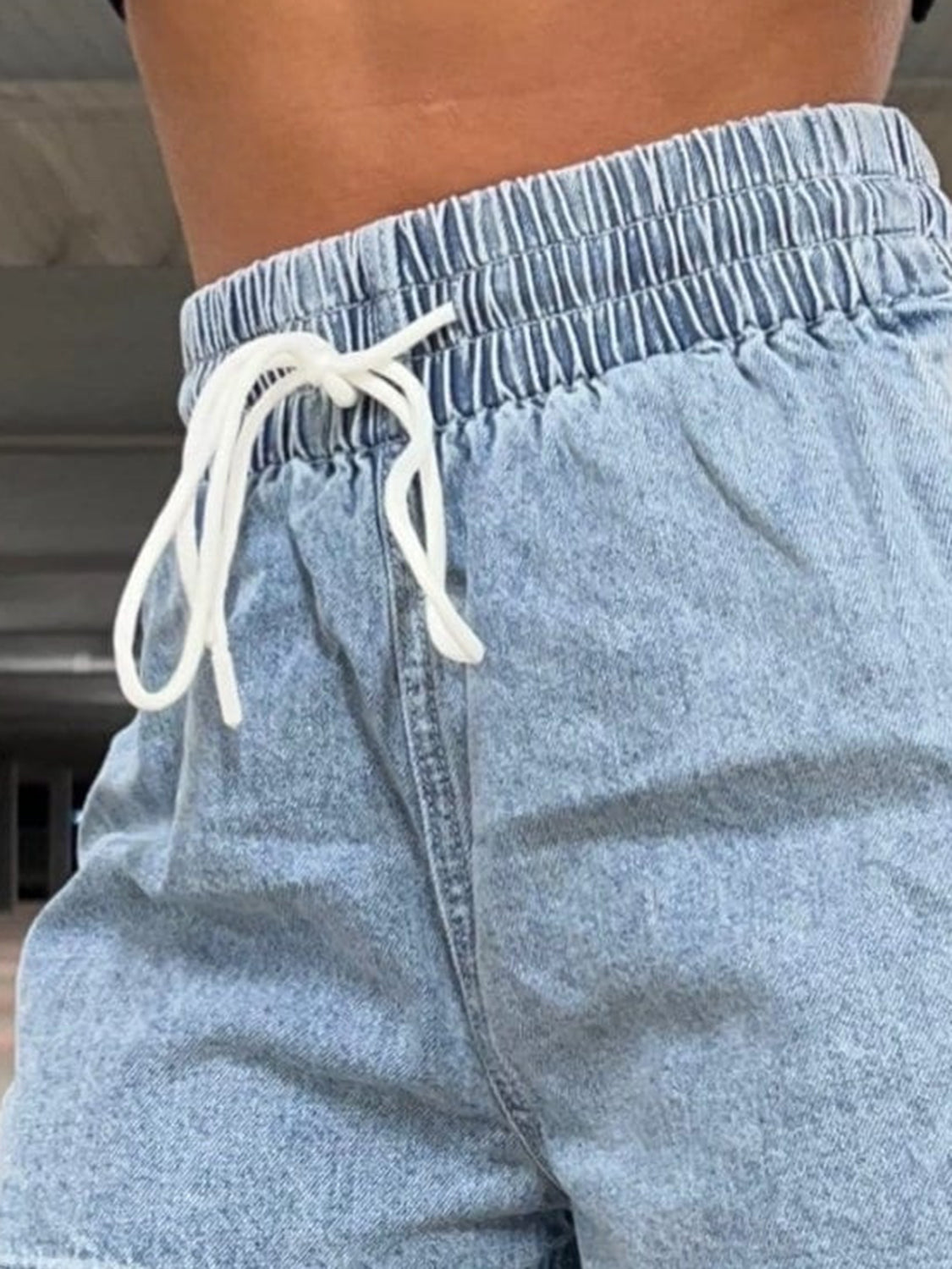 DRAWSTRING HIGH WAIST DENIM SHORTS