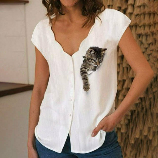 【Cotton And Linen】3D Cat Print Casual Blouse