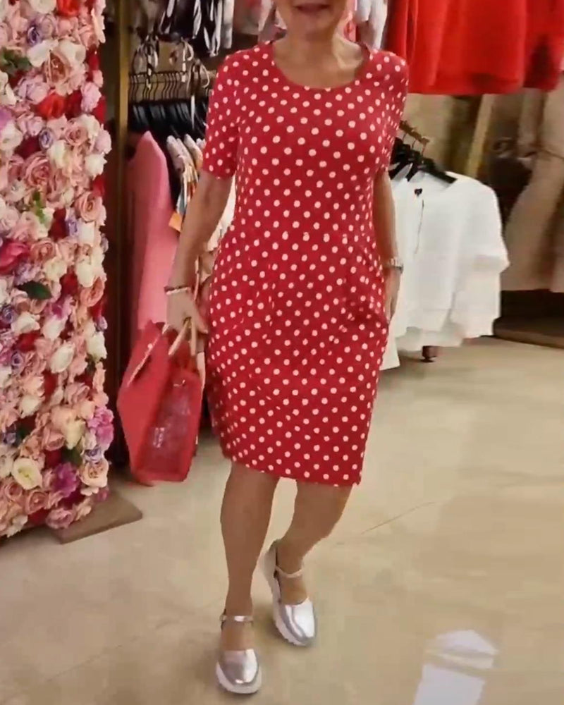 Round neck polka dot print short sleeve dress