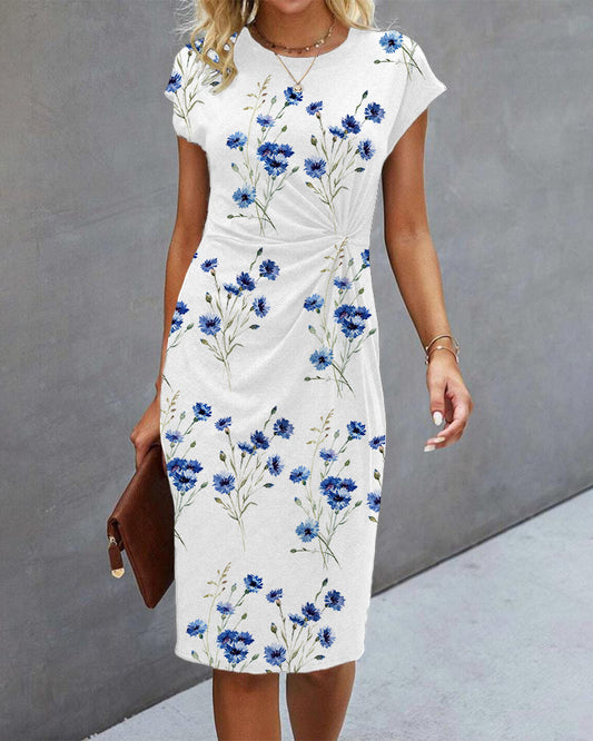 Blue Floral Print Dress with Short Sleeves