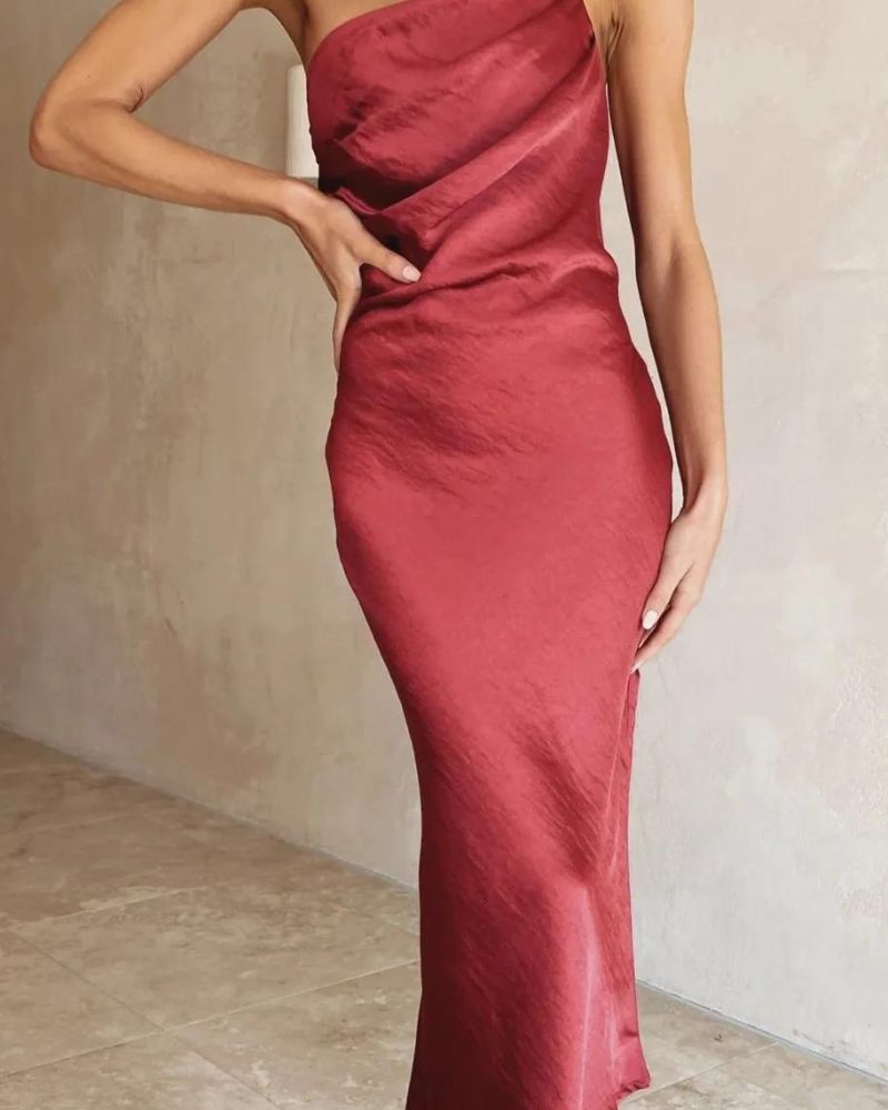 AILISA - RUCHED ONE SHOULDER SLIP MIDI DRESS