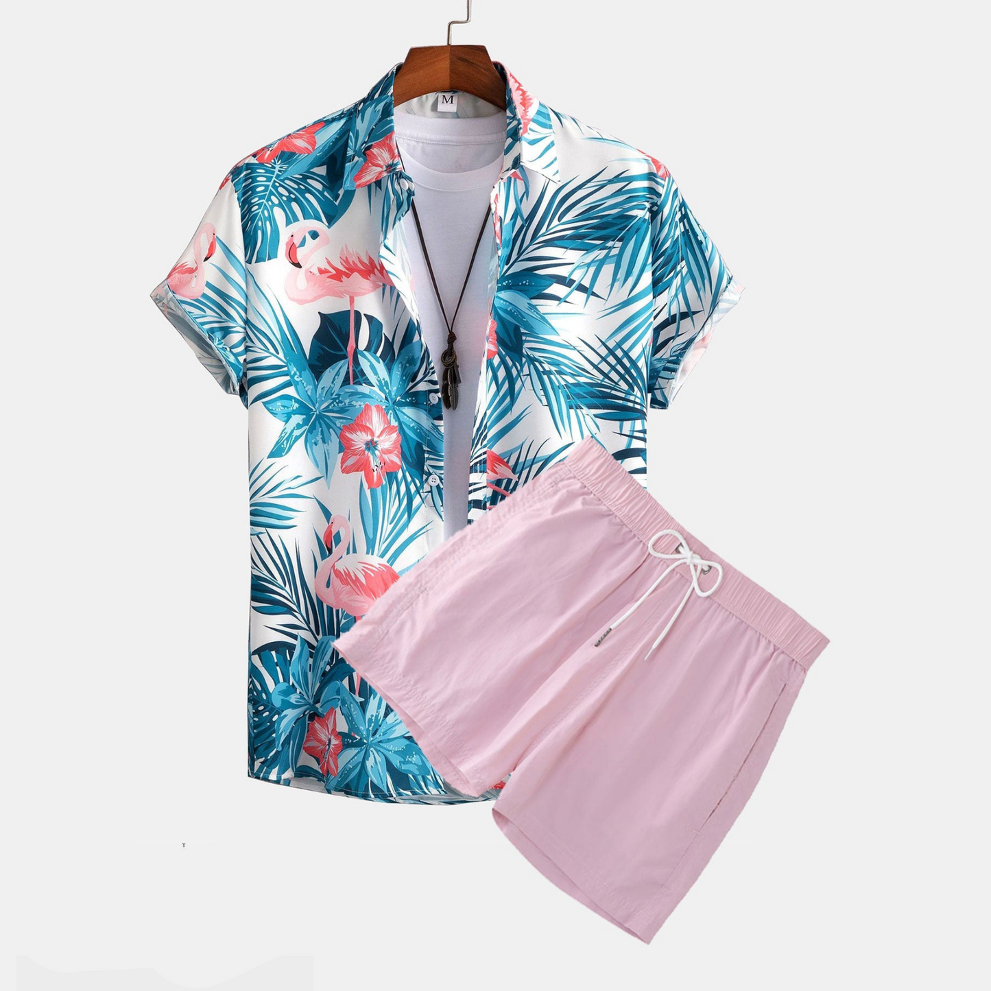 Buttoned Shirt with Tropical Flamingo Print and Short Swim Shorts