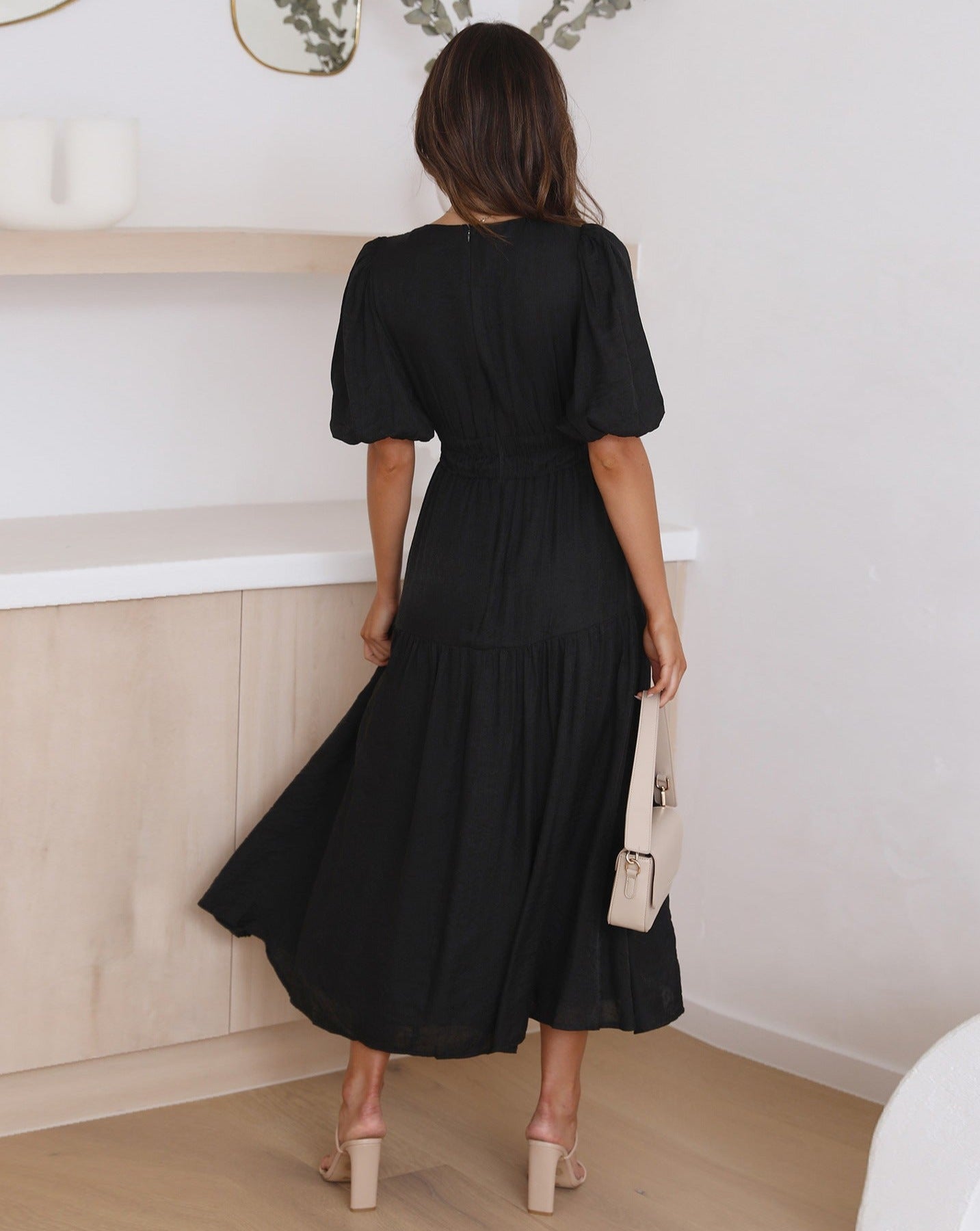 Ella Dress V Neckline Puffed Sleeves