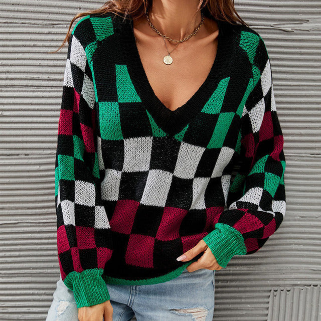 Contrast Color Plaid Sweater