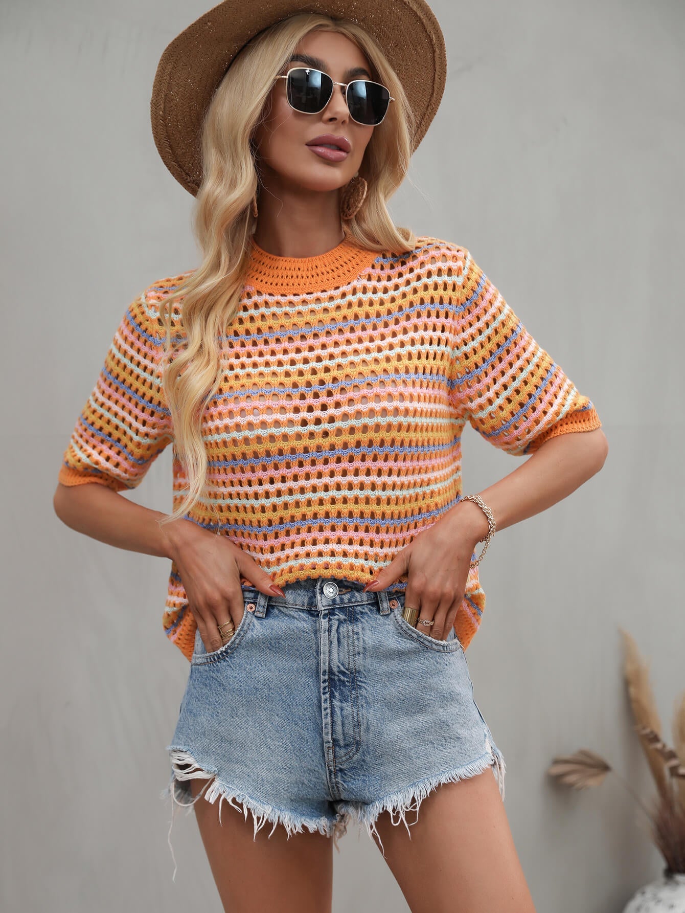 SAYLOR STRIPPED HALF SLEEVE KNIT TOP