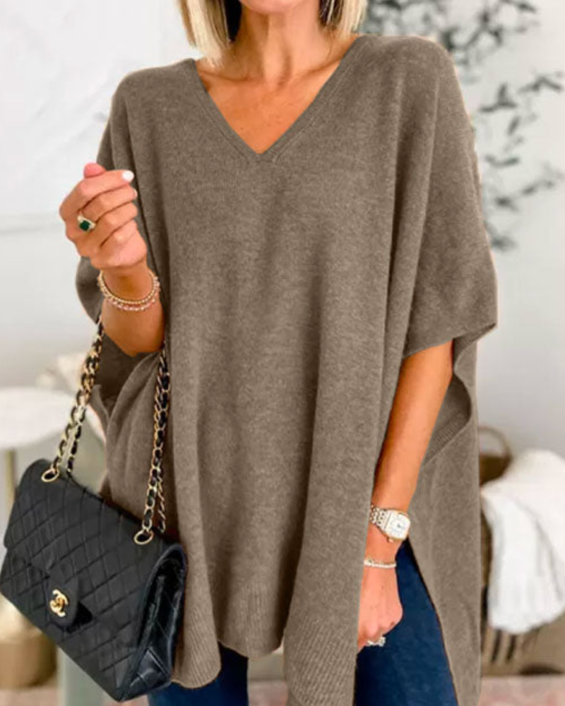 ERICA - V Neck Loose Fit Solid Poncho Sweater