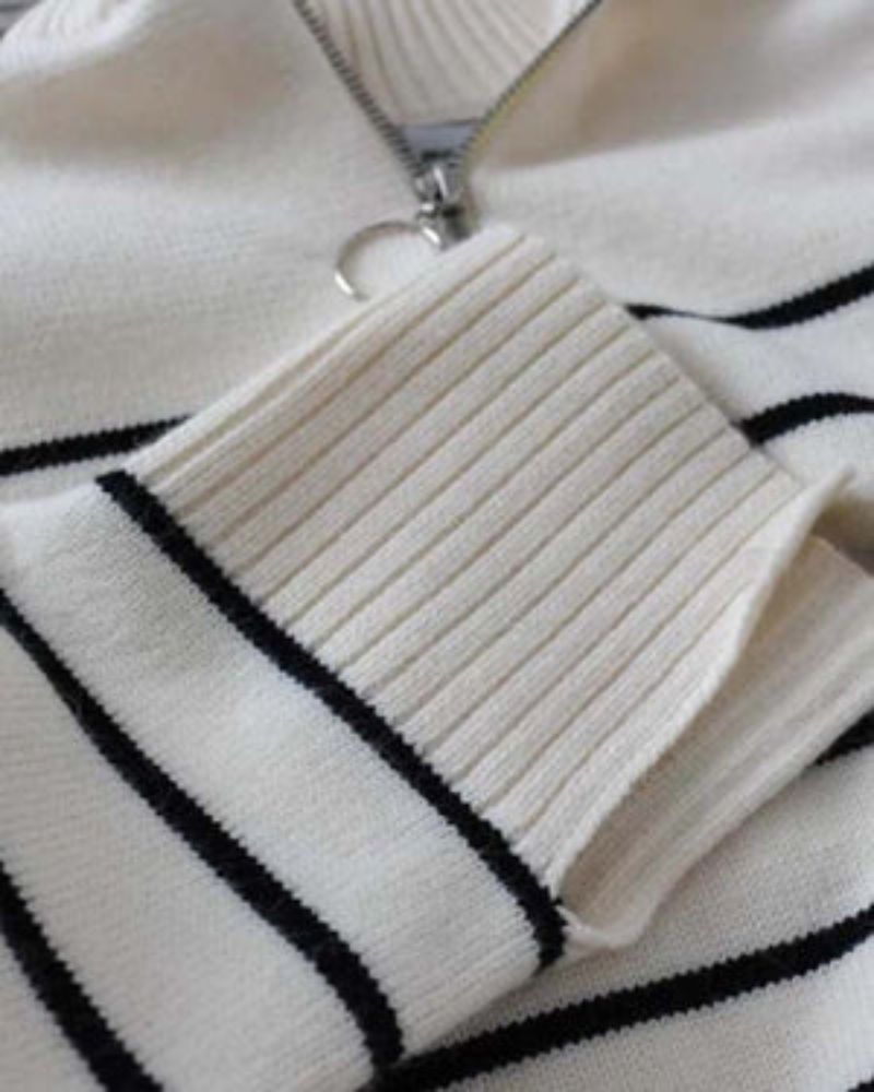 SAMA - ZIPPERED SWEATER WITH STRIPED TRICOT COLLAR