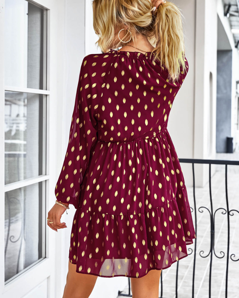 RUA - Dotted Tie-Neck Frill Trim Tiered Dress