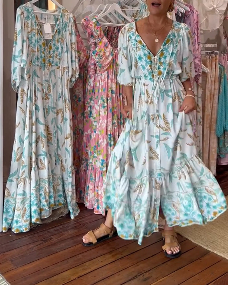 Women's V-neck leaf print maxi dress