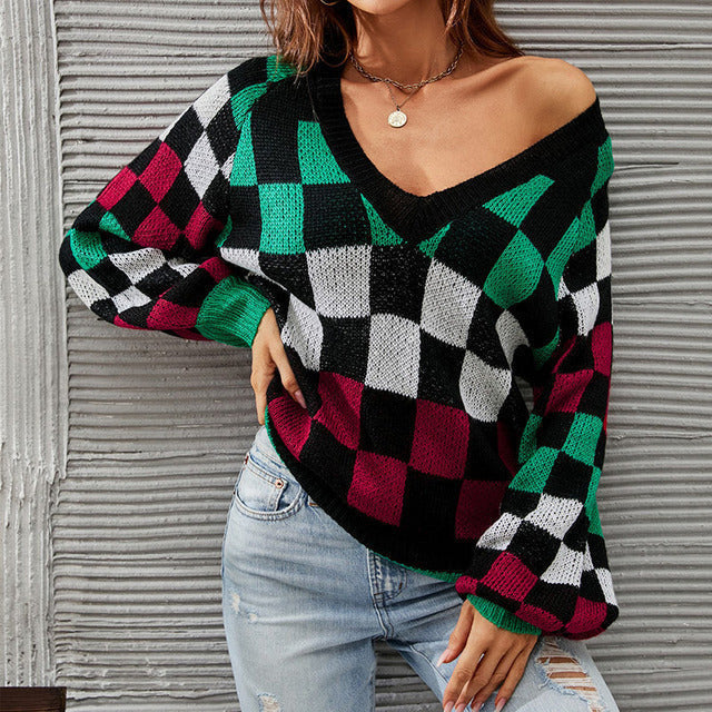 Contrast Color Plaid Sweater