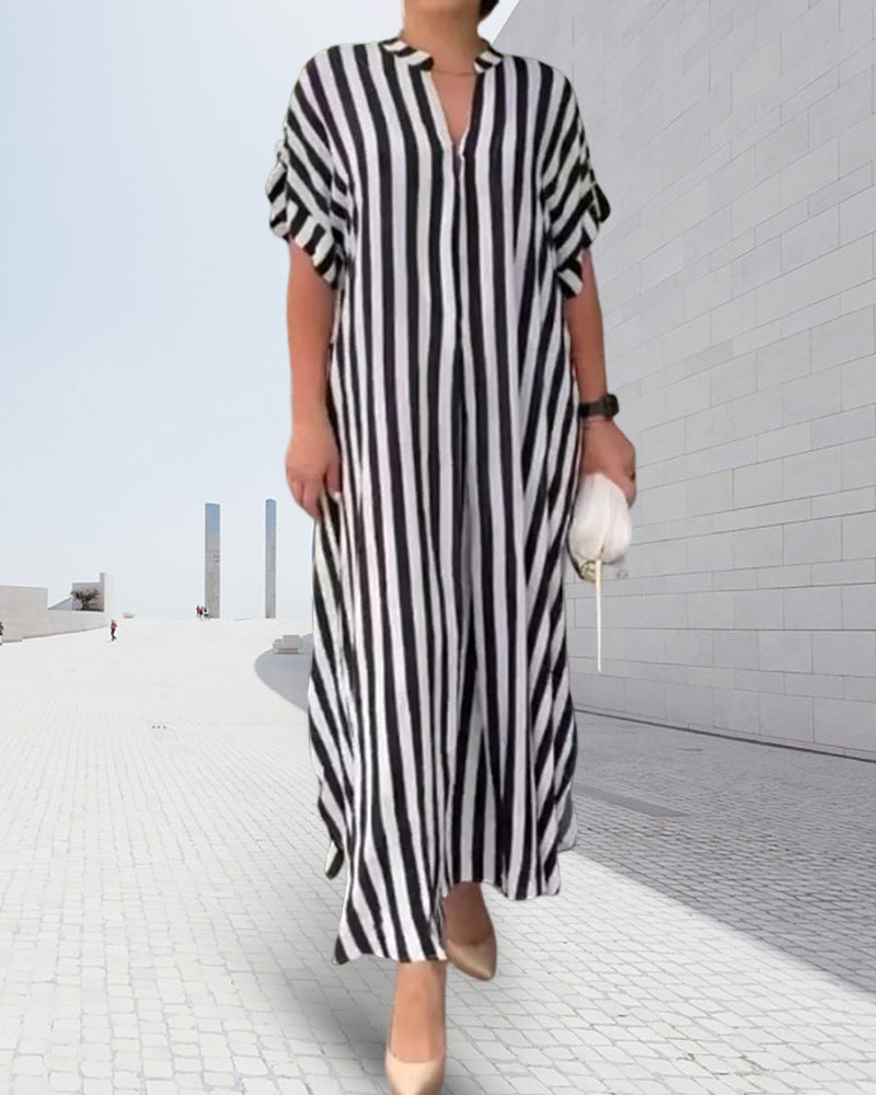 V-neck Shirt Dress in Stripe Print