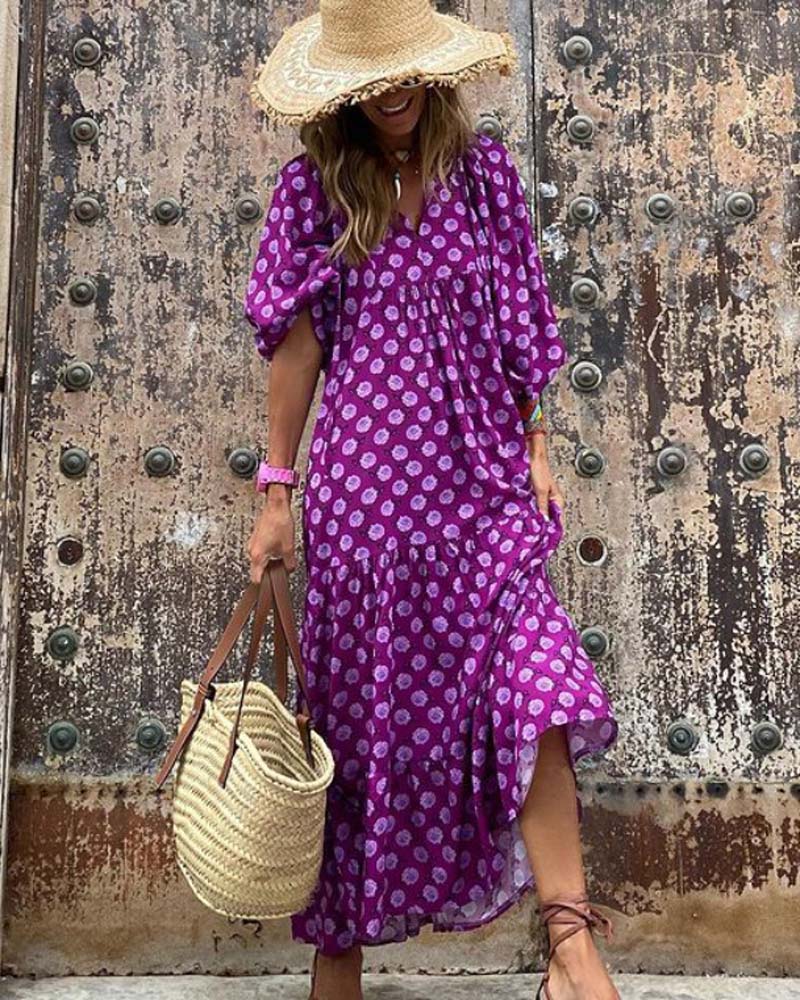 Geometric print puff sleeve dress