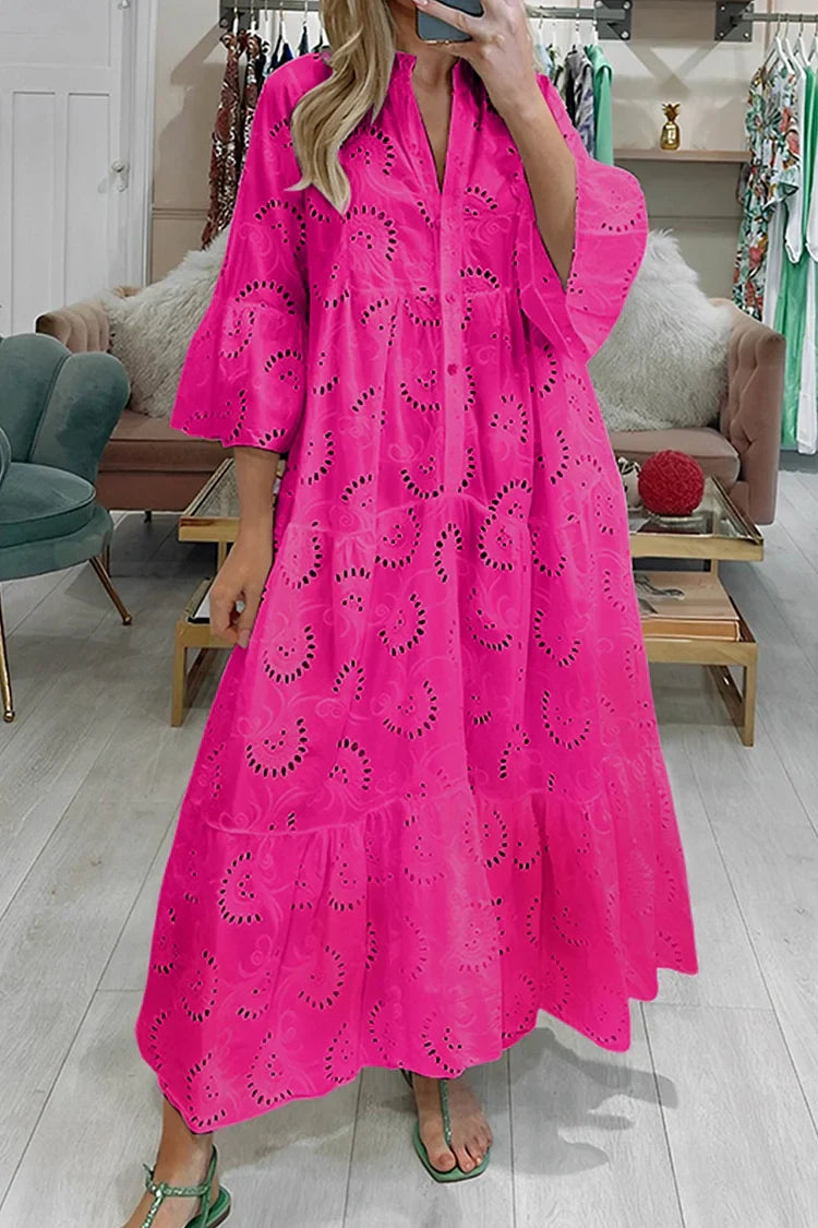 EMMA | V-NECK FLARE SLEEVE EMBROIDERED COTTON DRESS