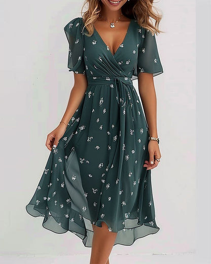 Elegant printed tie V-neck dress