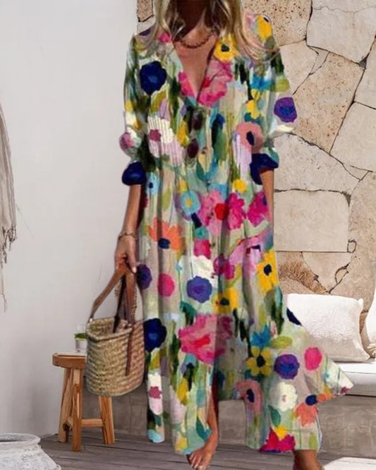 V-neck colorful printed long dress