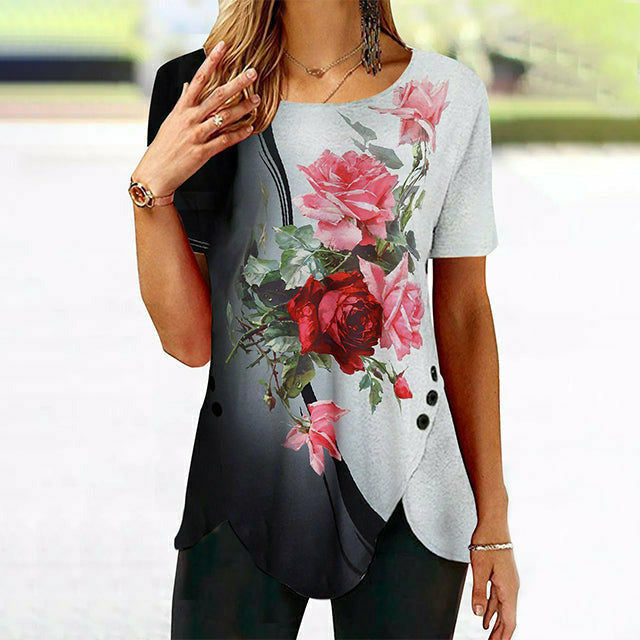 Irregular Gradient Rose Print Blouse