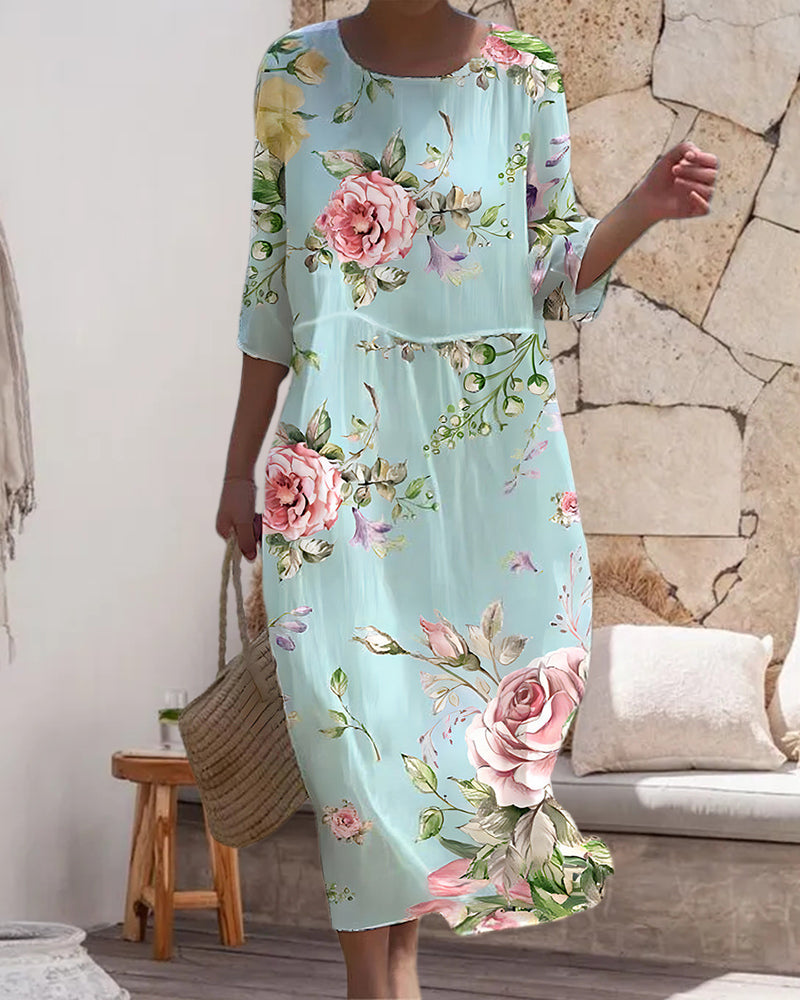 Elegant floral print crew neck dress