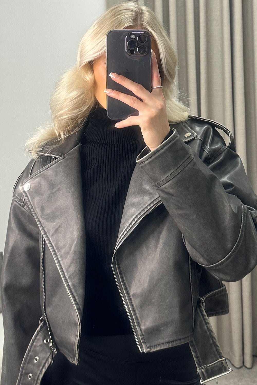 INES BLACK WASHED LEATHER CROPPED JACKET