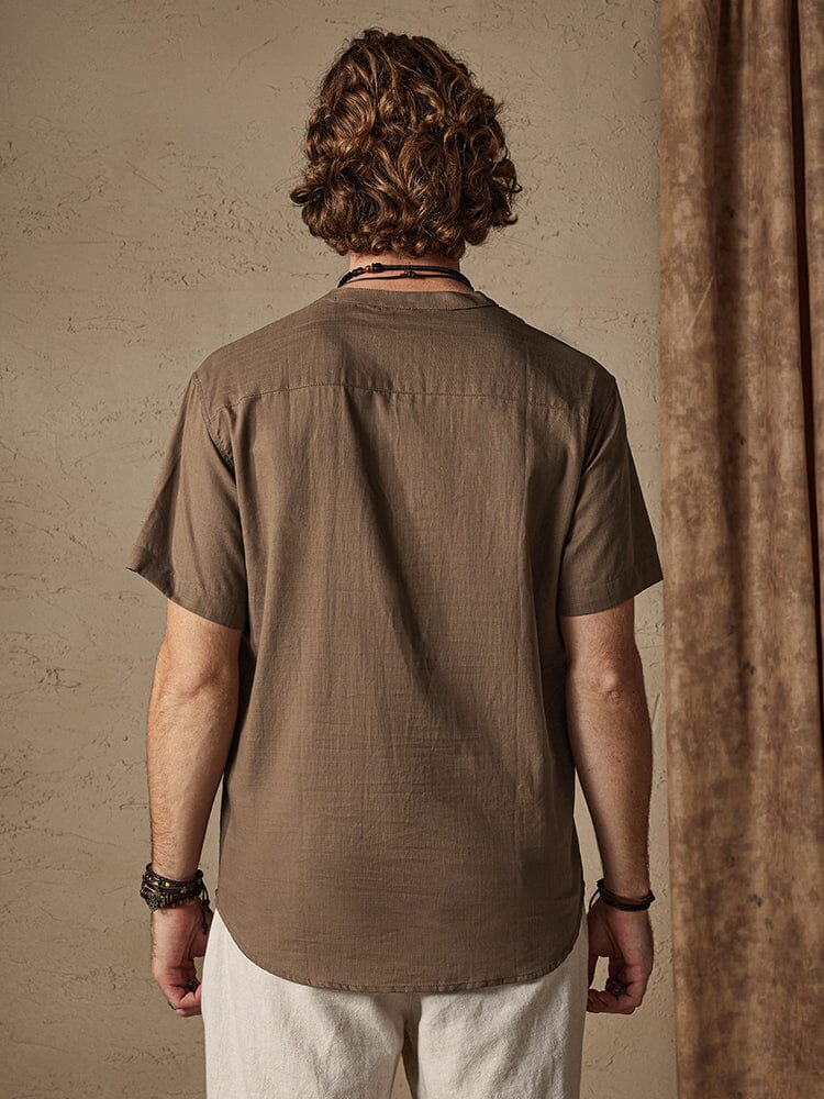 Casual Cotton and Linen Henley Shirt with Pocket