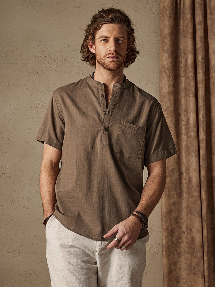 Casual Cotton and Linen Henley Shirt with Pocket