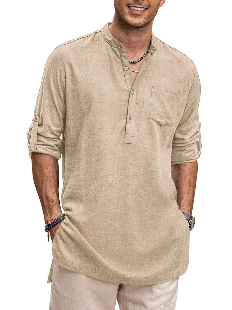 Linen Henley Long Sleeve Shirts with Pocket (US Only)