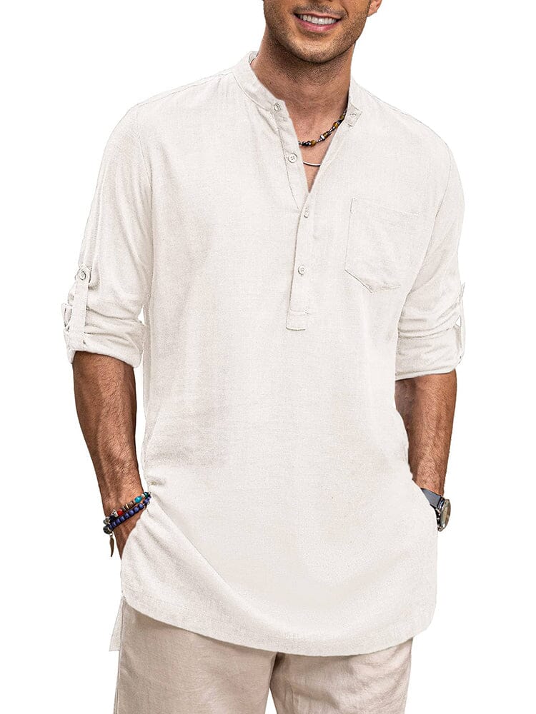 Linen Henley Long Sleeve Shirts with Pocket (US Only)