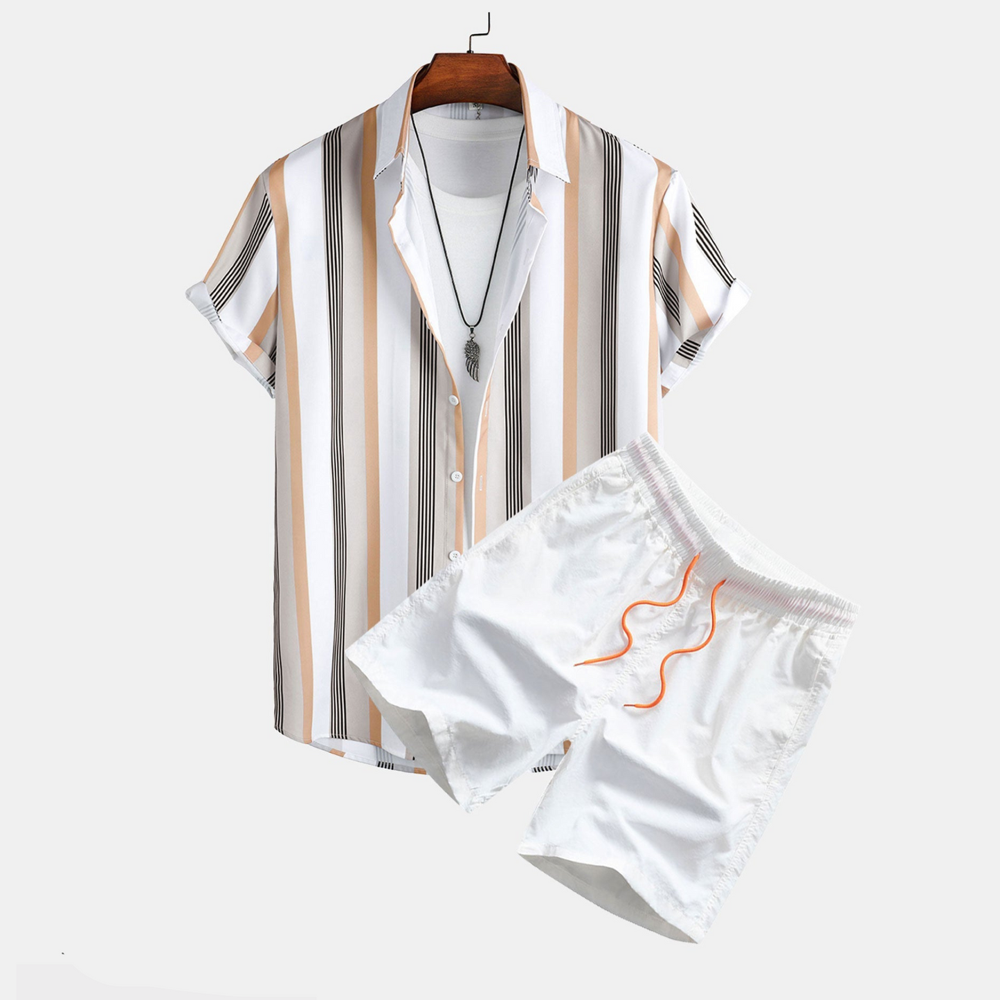 Shirt and Swim Shorts with Stripe Pattern and Buttons