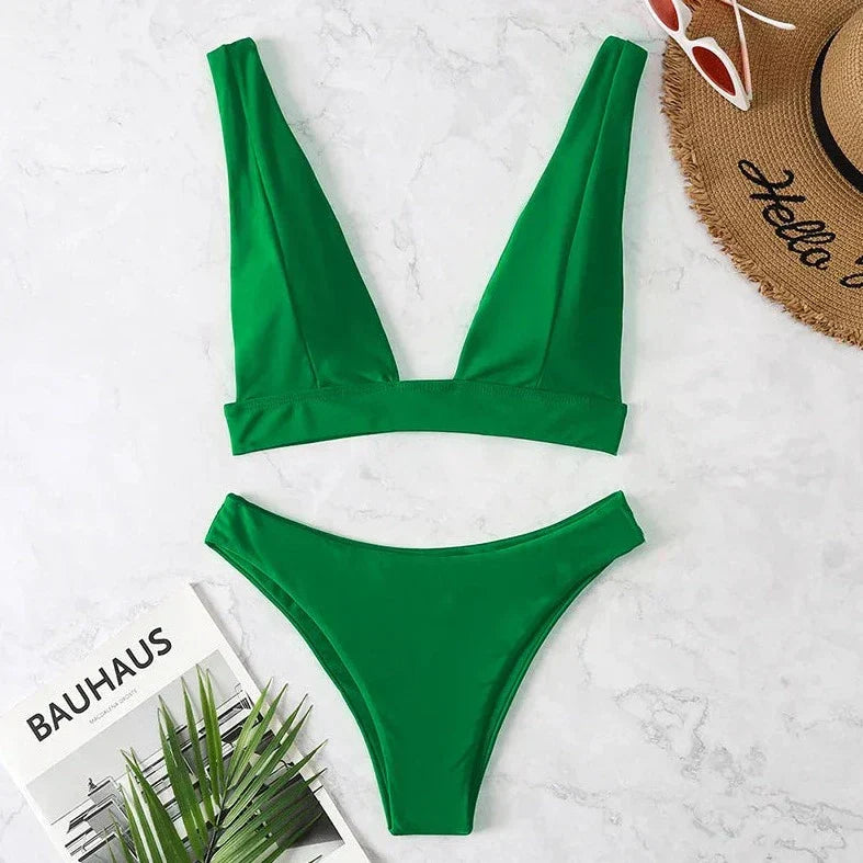 Solid Color 2 Piece Plunge Swimsuit