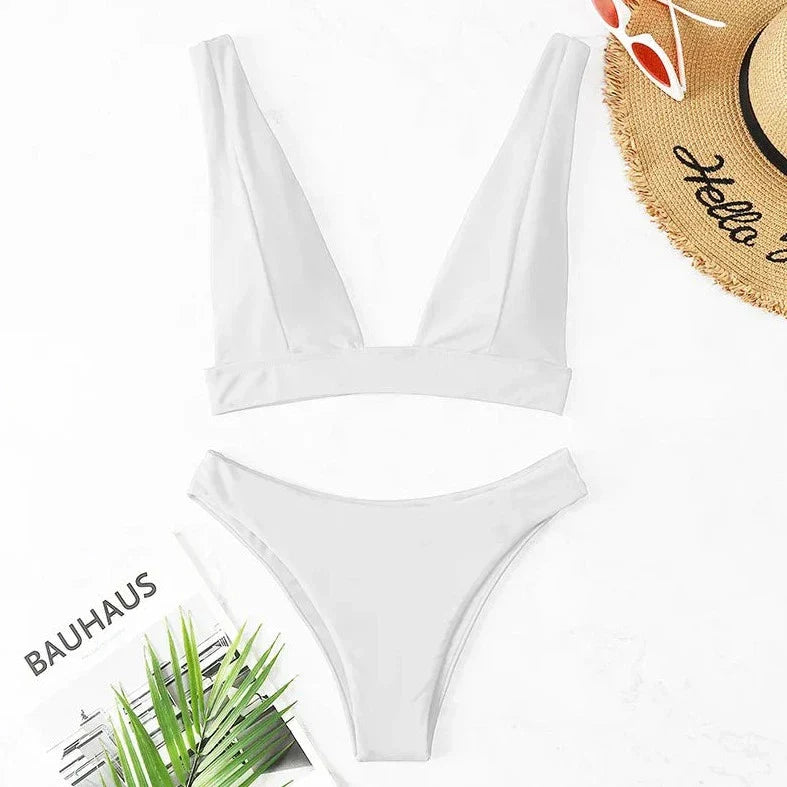 Solid Color 2 Piece Plunge Swimsuit