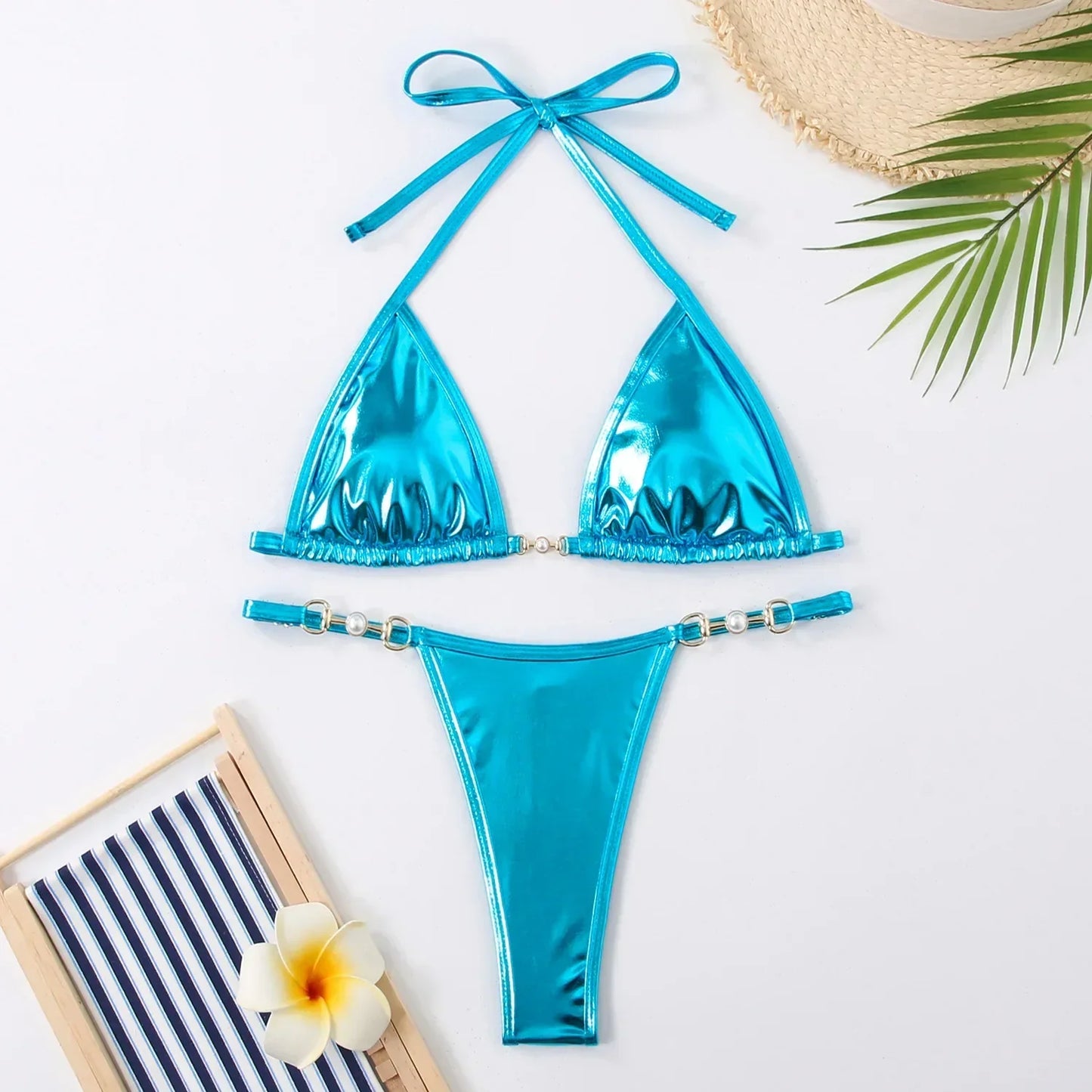 Metallic Triangle Thong Bikini