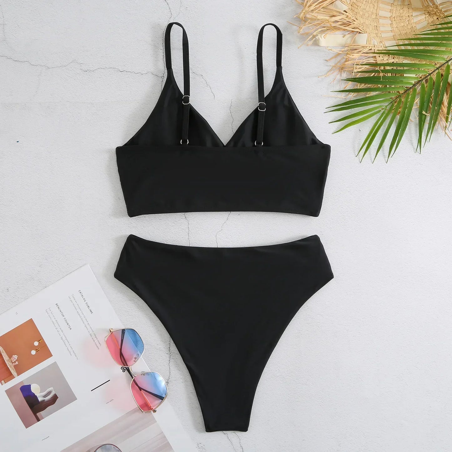 High Waist Solid Color 2 Piece Swimsuit