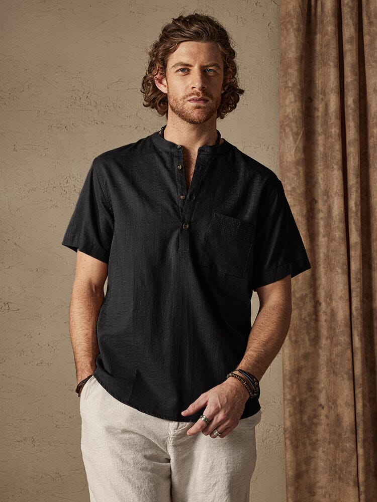 Casual Cotton and Linen Henley Shirt with Pocket