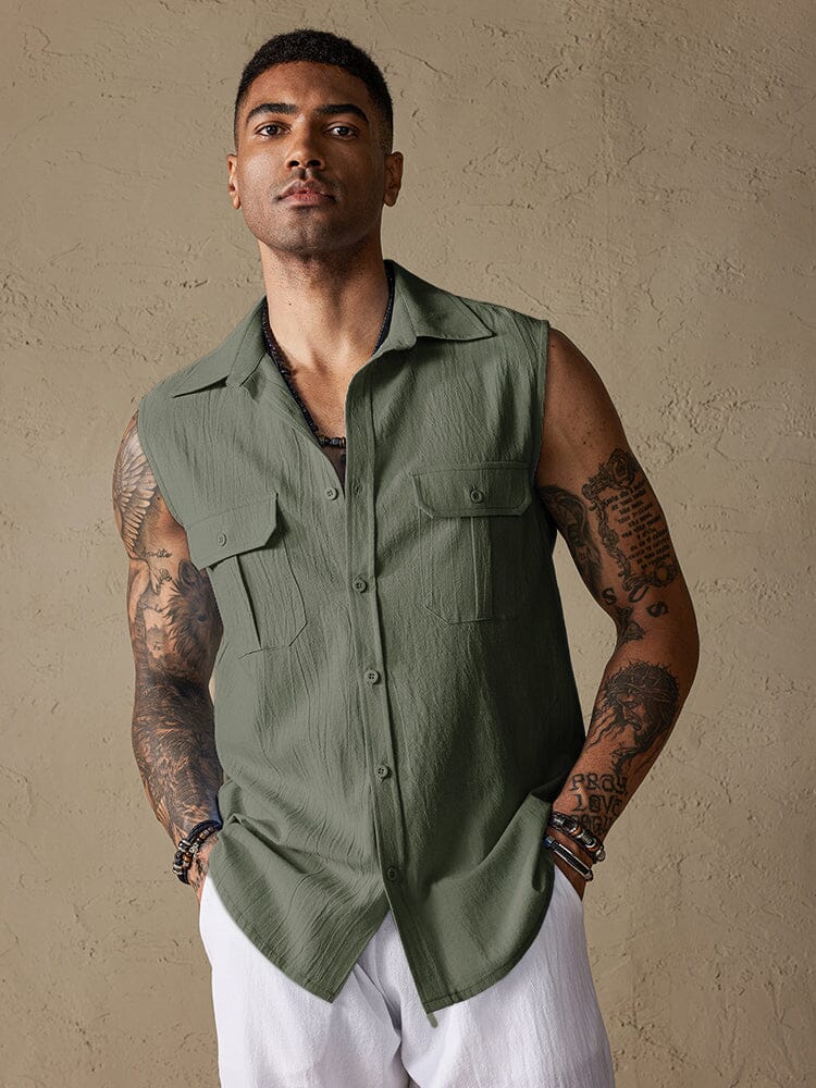 Cotton Linen Sleeveless Button Shirt with Pockets